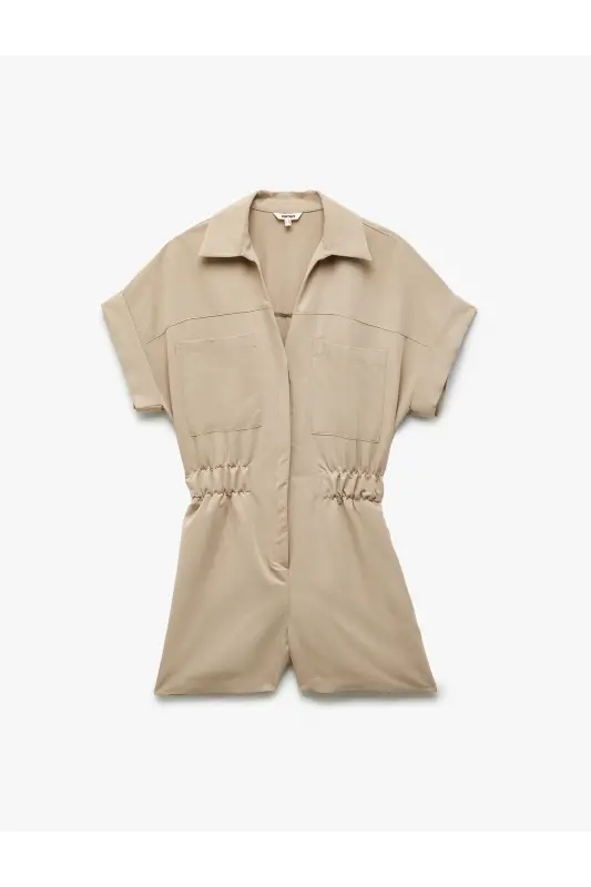 Cupro Modal Stoff mit Taschen, elastischem Bund und kurzem Arm Overall mit Hemdkragen. - Taupe - 4
