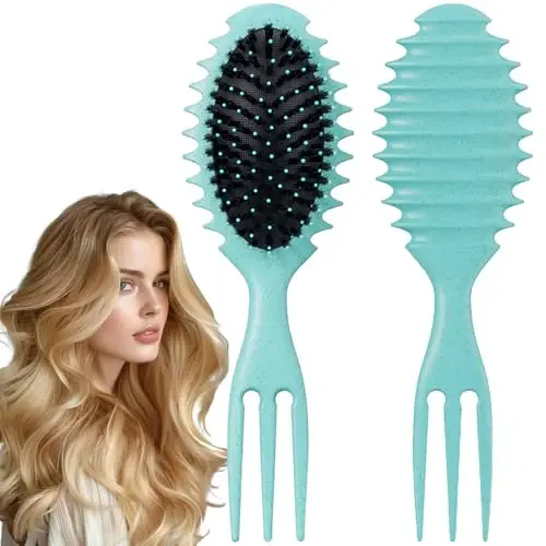 Curly Hair Boar Bristle Curl To'lqinli Tekis Sochlar uchun jingalaklarni aniqlash uchun cho'tka, Nam Quruq Sochlar uchun noyob Trident tutqichli dizayn Aniqlash uchun cho'tka Sochni massaj qilish uchun cho'tka Sochni tanlash Tarak yashil 