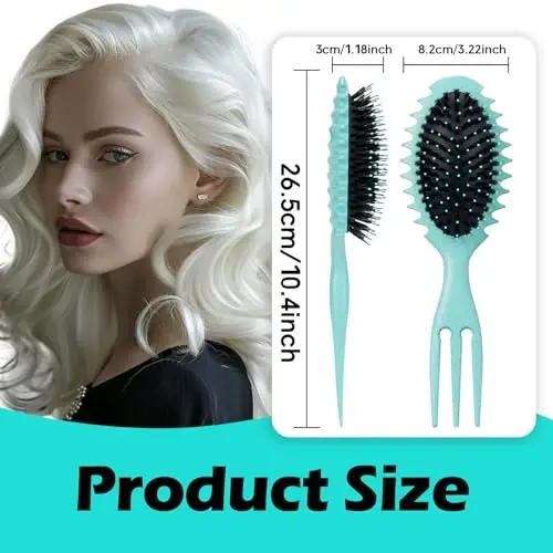 Curly Hair Boar Bristle Curl To'lqinli Tekis Sochlar uchun jingalaklarni aniqlash uchun cho'tka, Nam Quruq Sochlar uchun noyob Trident tutqichli dizayn Aniqlash uchun cho'tka Sochni massaj qilish uchun cho'tka Sochni tanlash Tarak yashil - 2