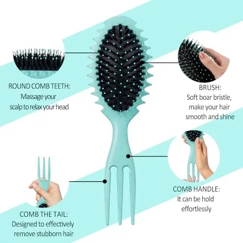 Curly Hair Boar Bristle Curl To'lqinli Tekis Sochlar uchun jingalaklarni aniqlash uchun cho'tka, Nam Quruq Sochlar uchun noyob Trident tutqichli dizayn Aniqlash uchun cho'tka Sochni massaj qilish uchun cho'tka Sochni tanlash Tarak yashil - 4