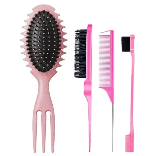Curly Hair Boar Bristle Curl Toʻlqinli toʻgʻri sochlar uchun burmalarni aniqlash choʻtkasi, nam quruq sochlar uchun Trident tutqichli dizayndagi burmalarni aniqlash choʻtkasi, Soch turmaklash uchun massaj choʻtkasi Soch terish taroqlash uchun pushti taroq - 1
