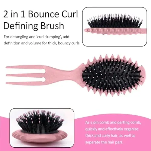 Curly Hair Boar Bristle Curl Toʻlqinli toʻgʻri sochlar uchun burmalarni aniqlash choʻtkasi, nam quruq sochlar uchun Trident tutqichli dizayndagi burmalarni aniqlash choʻtkasi, Soch turmaklash uchun massaj choʻtkasi Soch terish taroqlash uchun pushti taroq - 4