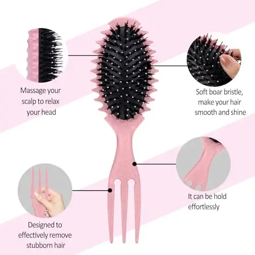 Curly Hair Boar Bristle Curl Toʻlqinli toʻgʻri sochlar uchun burmalarni aniqlash choʻtkasi, nam quruq sochlar uchun Trident tutqichli dizayndagi burmalarni aniqlash choʻtkasi, Soch turmaklash uchun massaj choʻtkasi Soch terish taroqlash uchun pushti taroq - 5