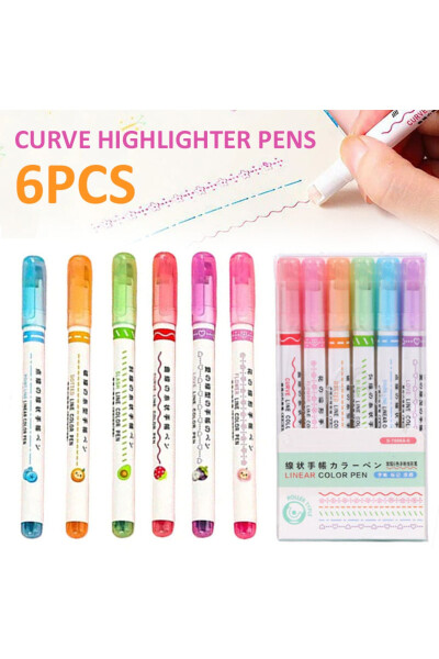 Curved Shape and 6 Color Fine Line Notebook, Writing, Drawing Colored Highlighter Pen Set - 6