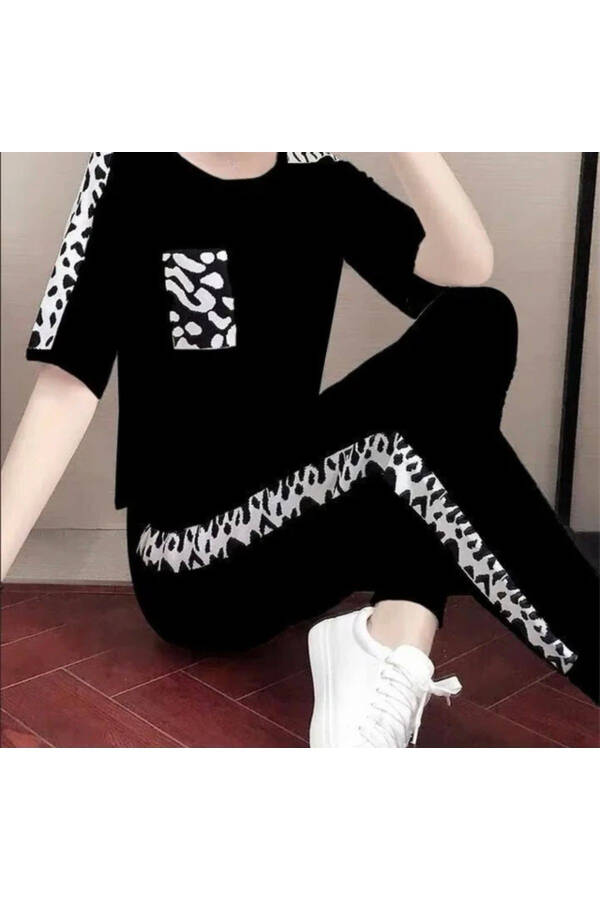 CUSTOM DESIGN BLACK-WHITE STRIPED SHORT-SLEEVED SUMMER LUXURY WOMEN'S TRACKSUIT - 1