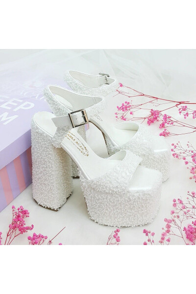 Custom Designed Low-Heeled Very Comfortable Bridal Shoes with 16 Cm High Heels, Decorated with Crystal Pearl Stones - 10