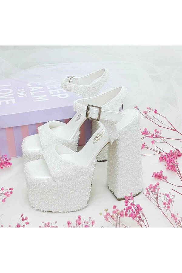 Custom Designed Low-Heeled Very Comfortable Bridal Shoes with 16 Cm High Heels, Decorated with Crystal Pearl Stones - 11