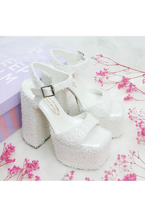 Custom Designed Low-Heeled Very Comfortable Bridal Shoes with 16 Cm High Heels, Decorated with Crystal Pearl Stones - 12