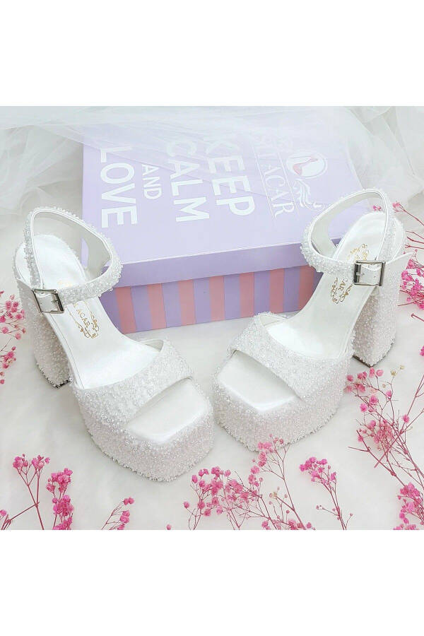 Custom Designed Low-Heeled Very Comfortable Bridal Shoes with 16 Cm High Heels, Decorated with Crystal Pearl Stones - 16