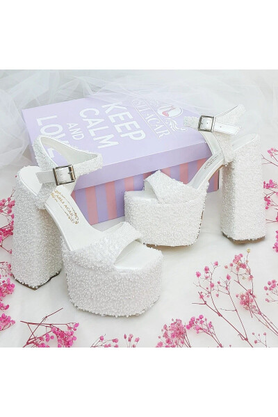 Custom Designed Low-Heeled Very Comfortable Bridal Shoes with 16 Cm High Heels, Decorated with Crystal Pearl Stones - 6