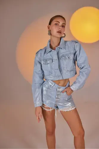 Custom Made Shiny Coated Glossy Jean Jacket Blue - 1