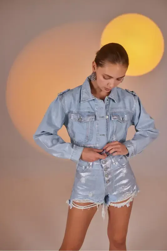 Custom Made Shiny Coated Glossy Jean Jacket Blue - 2