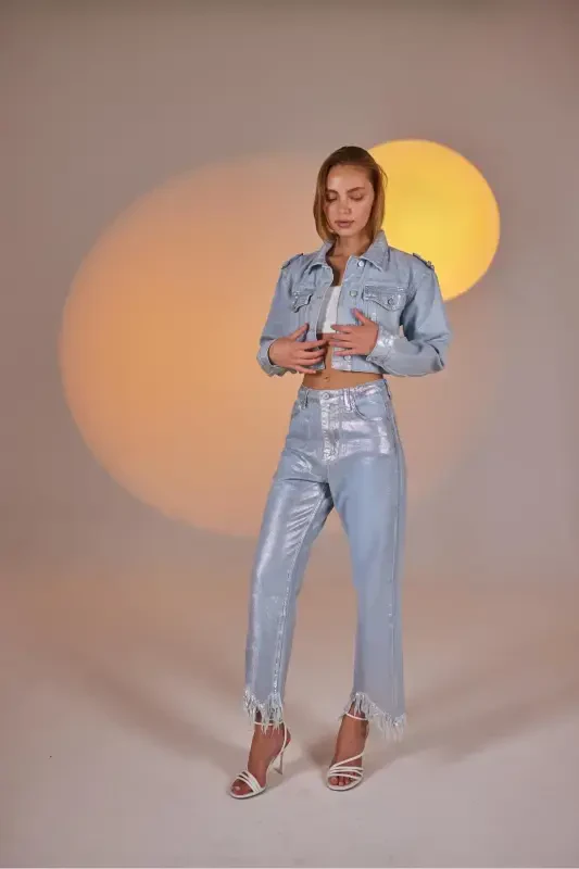 Custom Made Shiny Coated Glossy Jean Jacket Blue - 3