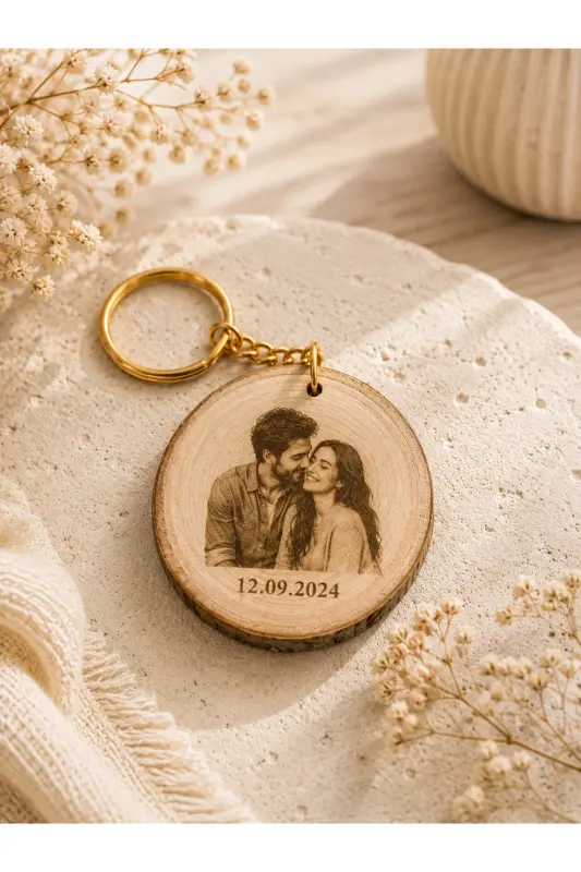 Customizable Photo Date Printed Wooden Couple Keychain - Natural Wood - 1