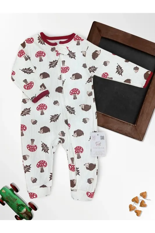 Cute Acorn and Hedgehog %100 Natural Cotton 3-Pack Baby Jumpsuit 0-18 Months (UNISEX)-red - 6