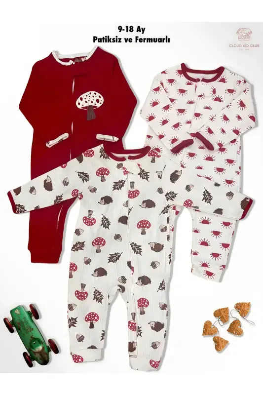 Cute Acorn and Hedgehog %100 Natural Cotton 3-Pack Baby Jumpsuit 0-18 Months (UNISEX)-red - 1