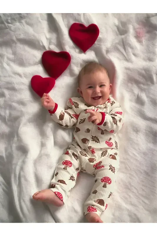 Cute Acorn and Hedgehog %100 Natural Cotton 3-Pack Baby Jumpsuit 0-18 Months (UNISEX)-red - 5