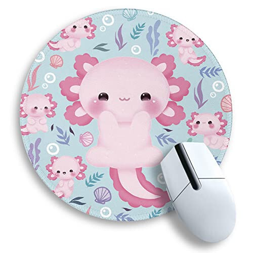 Cute Axolotls Round Mouse Pad, Small Mousepad for Laptop Gaming Women, with Stitched Edge Non-Slip Rubber Base, Cute Home Office Decor Desk Accessories Office Supplies Gift for Women Teen Girls - 1