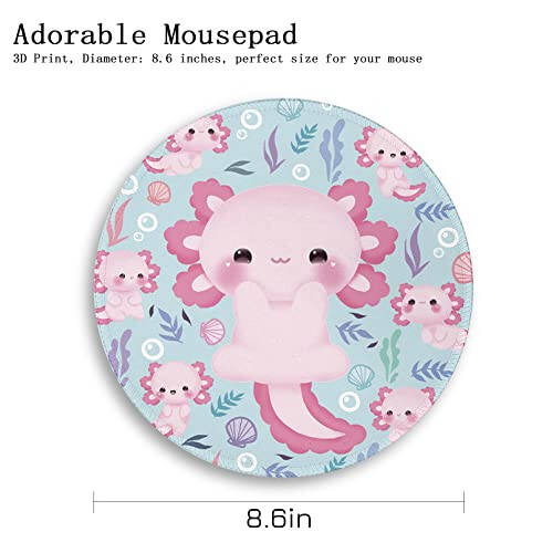 Cute Axolotls Round Mouse Pad, Small Mousepad for Laptop Gaming Women, with Stitched Edge Non-Slip Rubber Base, Cute Home Office Decor Desk Accessories Office Supplies Gift for Women Teen Girls - 4