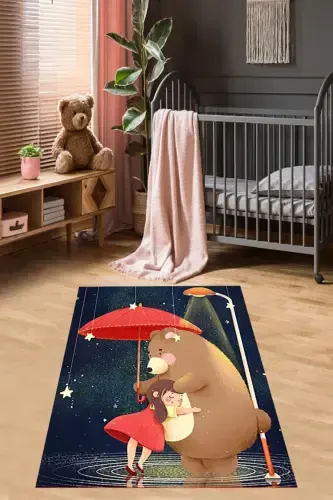 Cute Bear Little Girl Patterned Rug Digital Printing Washable Non-Slip Base Girl Room Rug-Navy Blue - 3