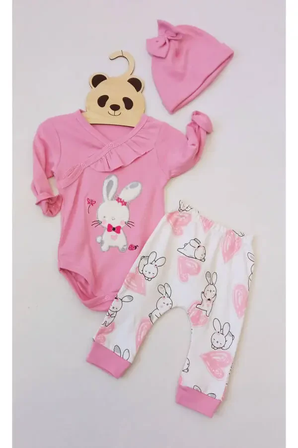 Cute Bunny Bodysuit 3-Piece Set - Frilly Detail Bunny Figure Bodysuit - Hat and Trousers - 1