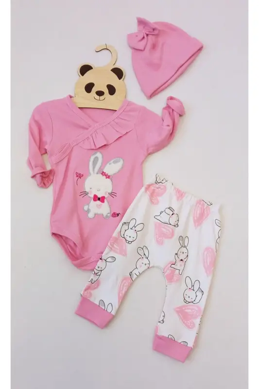 Cute Bunny Bodysuit 3-Piece Set - Frilly Detail Bunny Figure Bodysuit - Hat and Trousers - NONNA