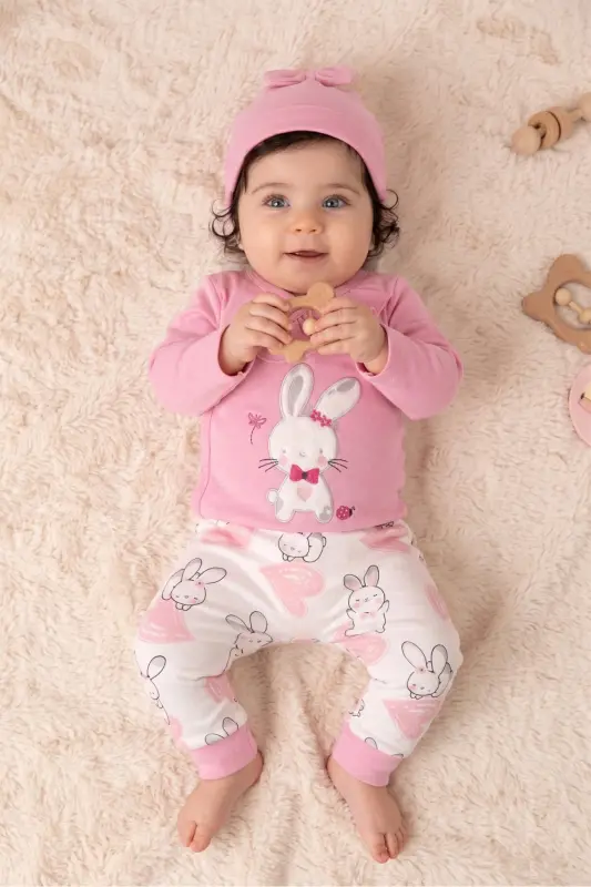 Cute Bunny Bodysuit 3-Piece Set - Frilly Detail Bunny Figure Bodysuit - Hat and Trousers - NONNA