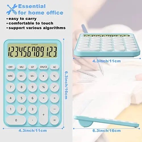Cute Calculators Desktop Size 6.3 * 4.3in/16 * 11cm, DECKLIT Battery 12 Digit Desk Calculator Extra Large LCD Display, Great Desktop Calculator Big Buttons, 15°Tilt Screen for Kids Calculator(Blue) - DECKLIT (1)