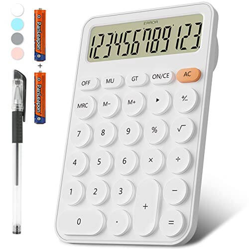 Cute Calculators Desktop Size 6.3 * 4.3in/16 * 11cm, DECKLIT Battery 12 Digit Desk Calculator Extra Large LCD Display, Great Desktop Calculator Big buttons, 15°Tilt Screen for Kids Calculator(White) - 1