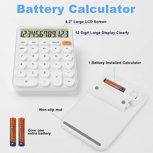 Cute Calculators Desktop Size 6.3 * 4.3in/16 * 11cm, DECKLIT Battery 12 Digit Desk Calculator Extra Large LCD Display, Great Desktop Calculator Big buttons, 15°Tilt Screen for Kids Calculator(White) - 2