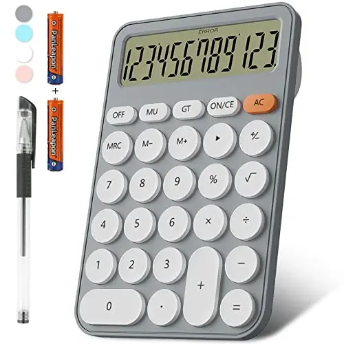 Cute Calculators Desktop Size 6.3 * 4.3in/16 * 11cm, DECKLIT Battery 12 Digit Desk Calculator Extra LCD Large Display, Great Desktop Calculator Big Buttons, 15°Tilt Screen for Kids Calculator(Grey) - 1