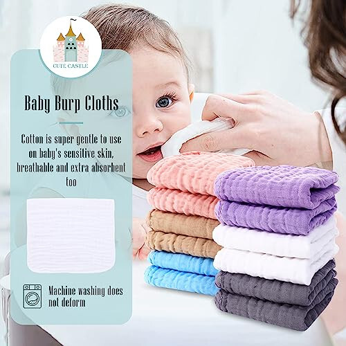 Cute Castle 12 Pack Muslin Burp Cloths for Baby - Ultra-Soft 100% Cotton Baby Washcloths - Large 20'' by 10'' Super Absorbent Milk Spit Up Rags - Burpy Cloths for Unisex, Boy, Girl - Multicolor - 3