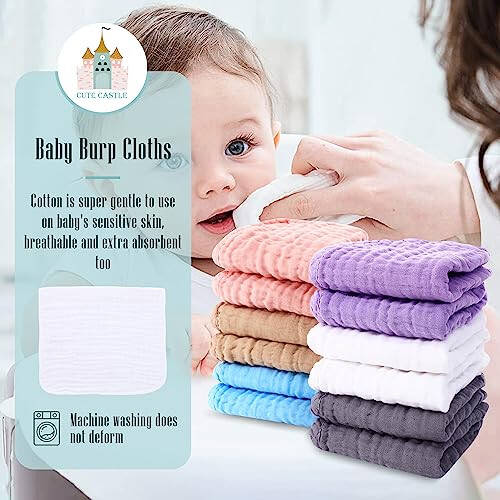 Cute Castle 12 Pack Muslin Burp Cloths for Baby - Ultra-Soft 100% Cotton Baby Washcloths - Large 20'' by 10'' Super Absorbent Milk Spit Up Rags - Burpy Cloths for Unisex, Boy, Girl - Multicolor - 3