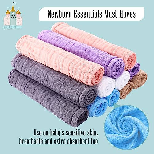 Cute Castle 12 Pack Muslin Burp Cloths for Baby - Ultra-Soft 100% Cotton Baby Washcloths - Large 20'' by 10'' Super Absorbent Milk Spit Up Rags - Burpy Cloths for Unisex, Boy, Girl - Multicolor - 6