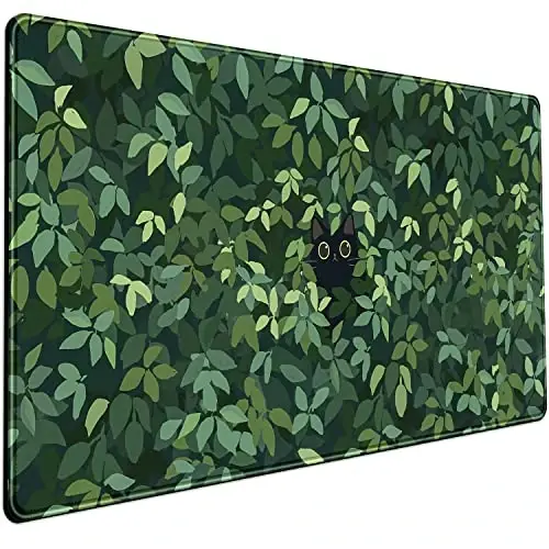 Cute Cat Mouse Desk Pad Kawaii Green Desk Mat Desk Decor Large Gaming Mouse Pad for Desk Mousepad Computer Office Keyboard Laptop Big Anime Mouse Pad XL(31.5x15.7 in)-with Non-Slip Base Stitched Edges 