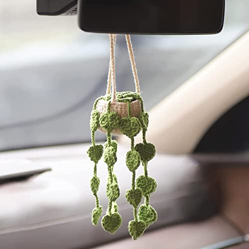 Cute Crochet Plant for Car Rear View Mirror, Boho Handmade Car Mirror Hanging Accessories for Women Girls, Green Car Interior Aesthetic Decor Truck Hanger Ornament Charm for Men - CUTE