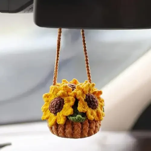 Cute Crochet Plant for Car Rear View Mirror,Boho Handmade Car Mirror Hanging Accessories for Women Girls,Green Interior Aesthetic Decor Truck Hanger Ornament Charm for Men（Sunflower） - CUTE