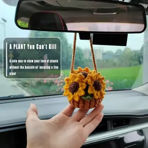 Cute Crochet Plant for Car Rear View Mirror,Boho Handmade Car Mirror Hanging Accessories for Women Girls,Green Interior Aesthetic Decor Truck Hanger Ornament Charm for Men（Sunflower） - CUTE (1)