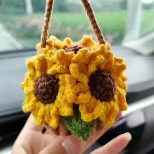 Cute Crochet Plant for Car Rear View Mirror,Boho Handmade Car Mirror Hanging Accessories for Women Girls,Green Interior Aesthetic Decor Truck Hanger Ornament Charm for Men（Sunflower） - 5