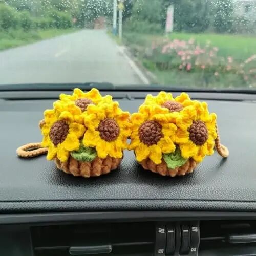 Cute Crochet Plant for Car Rear View Mirror,Boho Hanging Accessories Decor | Handmade for Women Girls,Green Interior Aesthetic Decor Truck Hanger Ornament Charm for Men(Sunflower) - 4