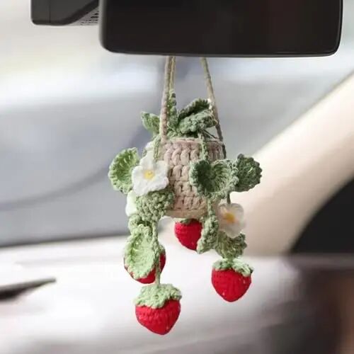 Cute Crochet Plant for Car Rear View Mirror,Boho Hanging Accessories Decor | Handmade Pendant for Women Girls,Green Interior Aesthetic Truck Hanger Ornament Charm for Men (Red Strawberry Plant) - Cute