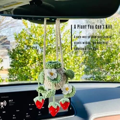 Cute Crochet Plant for Car Rear View Mirror,Boho Hanging Accessories Decor | Handmade Pendant for Women Girls,Green Interior Aesthetic Truck Hanger Ornament Charm for Men (Red Strawberry Plant) - Cute (1)