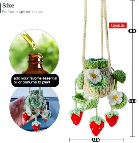 Cute Crochet Plant for Car Rear View Mirror,Boho Hanging Accessories Decor | Handmade Pendant for Women Girls,Green Interior Aesthetic Truck Hanger Ornament Charm for Men (Red Strawberry Plant) - 3