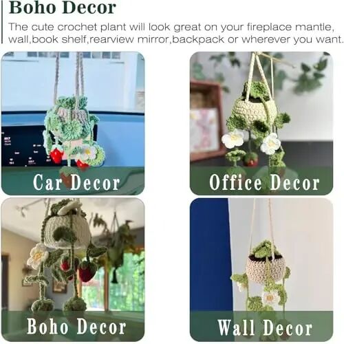 Cute Crochet Plant for Car Rear View Mirror,Boho Hanging Accessories Decor | Handmade Pendant for Women Girls,Green Interior Aesthetic Truck Hanger Ornament Charm for Men (Red Strawberry Plant) - 4