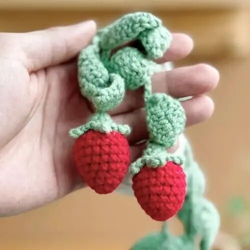 Cute Crochet Plant for Car Rear View Mirror,Boho Hanging Accessories Decor | Handmade Pendant for Women Girls,Green Interior Aesthetic Truck Hanger Ornament Charm for Men (Red Strawberry Plant) - 6