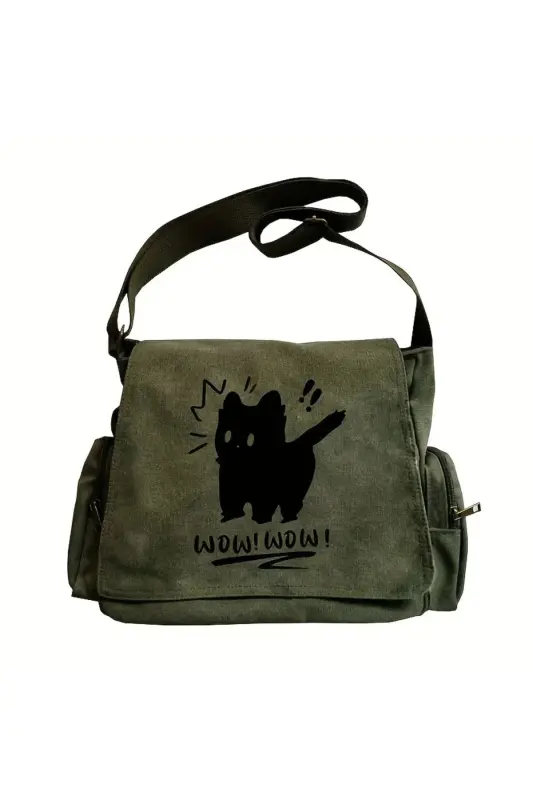Cute Design Baskılı Unisex Yeşil Postacı Çantası-Cute Cat1 - 1