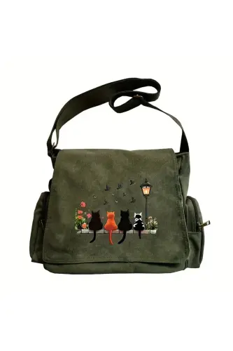 Cute Design Baskılı Unisex Yeşil Postacı Çantası-Cute Cat3 - 1