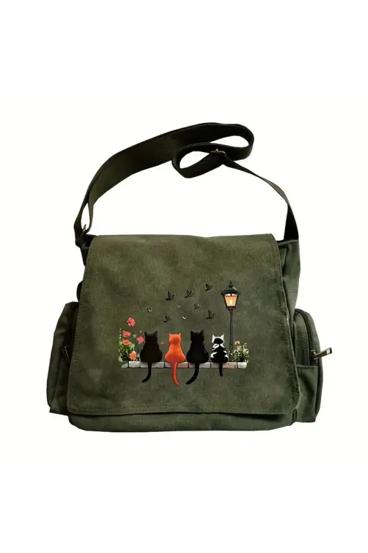 Cute Design Baskılı Unisex Yeşil Postacı Çantası - Cute Cat3 - 1