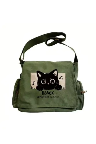 Cute Design Baskılı Unisex Yeşil Postacı Çantası - NYCATS 