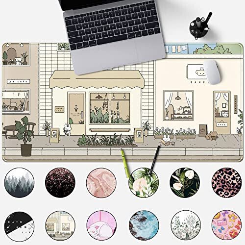 Cute Desk Mat Kawaii Mousepad Bunny and Bear Cute Anime Japanese Street Pastel Beige Brown and Green Mouse Pad, Extra Large Deskmat Cut Laptop Mouse Pads Decor - Mechanical Cattle (1)